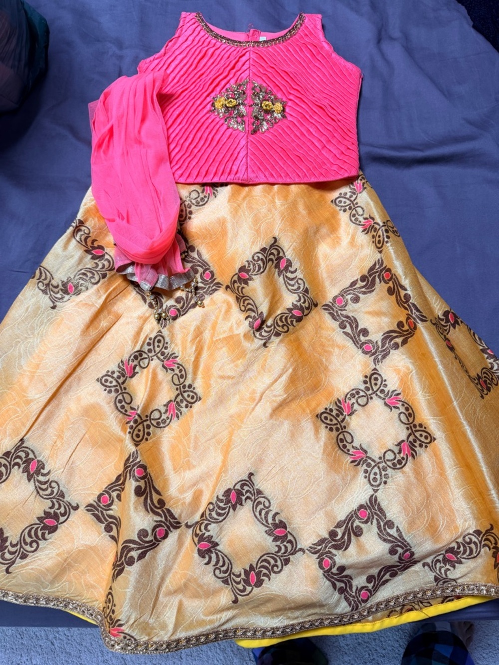Ethnic Indian Wear Girls Pink and Gold Lehenga Choli with Dupatta